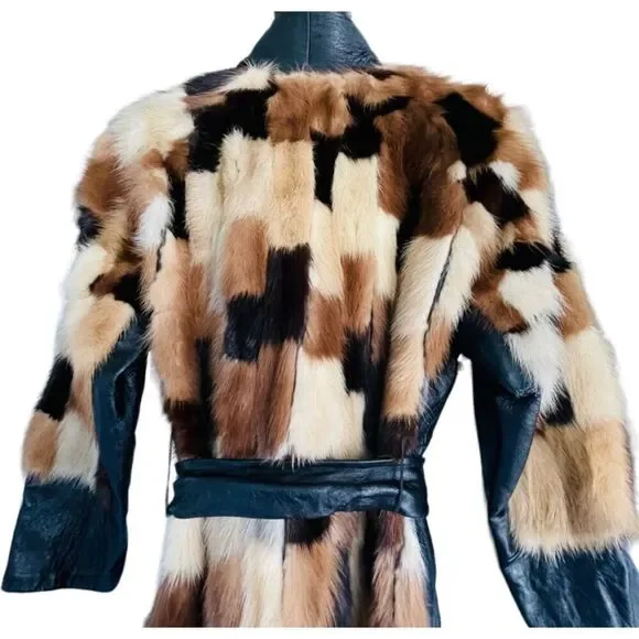 FUR COAT Genuine Y2K Vintage Rabbit Fur Leather Patchwork Long Belted Winter Coa